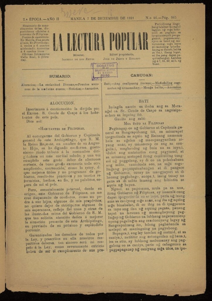 Miniatura de La Lectura Popular del  7 de diciembre de 1891, nº 46
