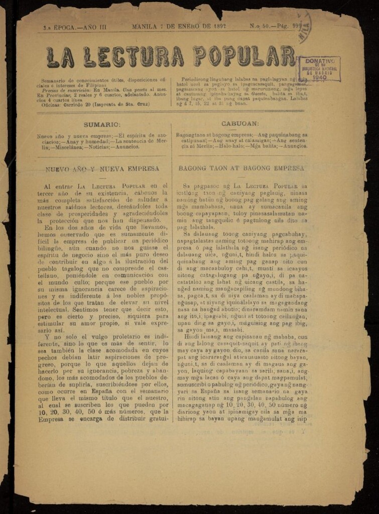 Miniatura de La Lectura Popular del 7 de enero de 1892, nº 50