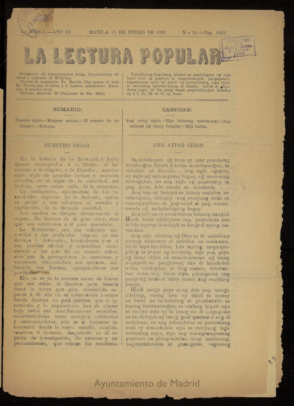 Miniatura de La Lectura Popular del 15 de enero de 1892, nº 51