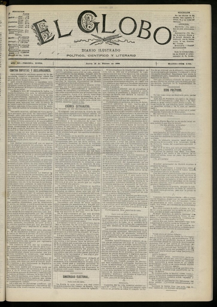 Miniatura de El Globo : diario ilustrado del 18 de febrero de 1886, nº 3765