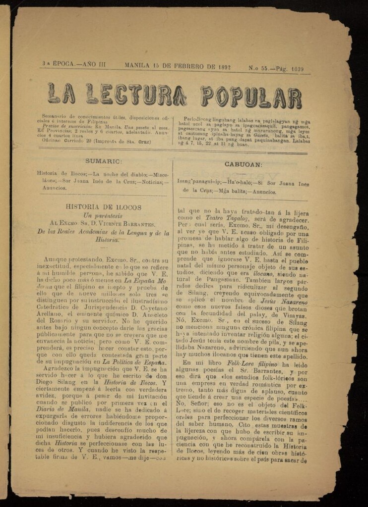 Miniatura de La Lectura Popular del 15 de febrero de 1892, nº 55