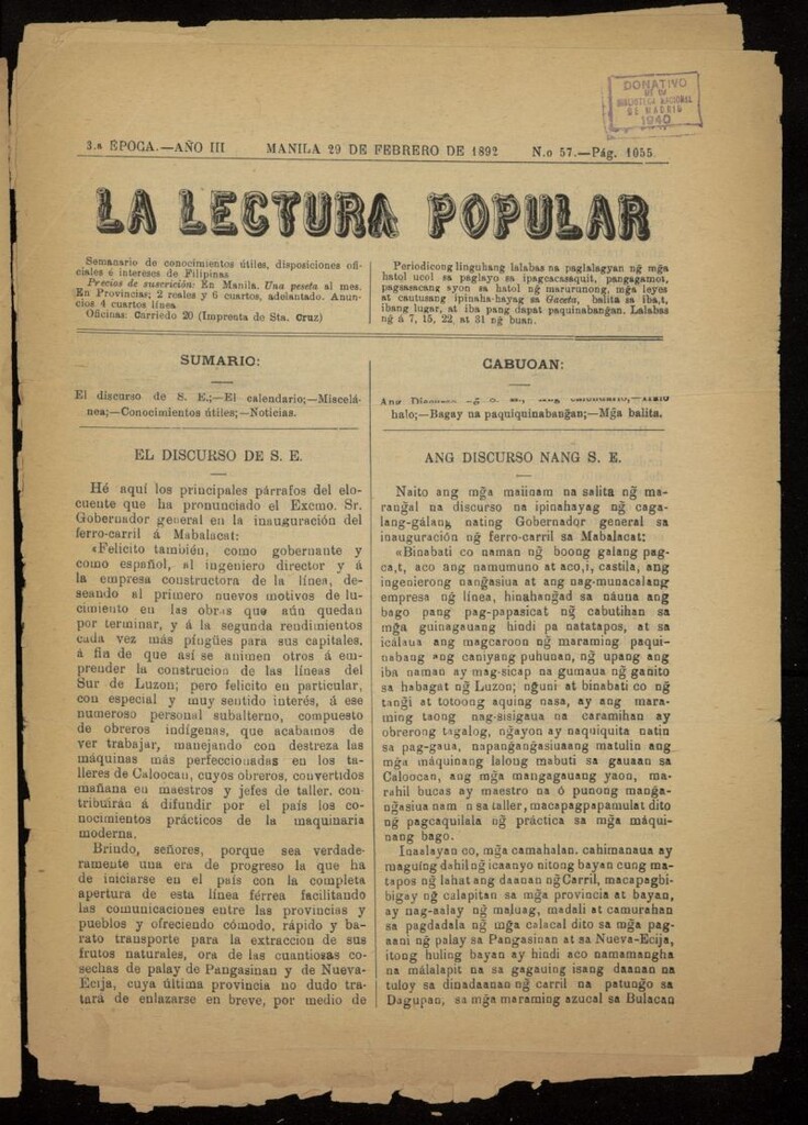 Miniatura de La Lectura Popular del 29 de febrero de 1892, nº 57