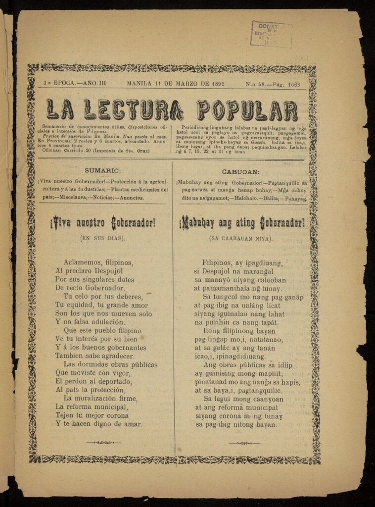 Miniatura de La Lectura Popular del 11 de marzo de 1892, nº 58