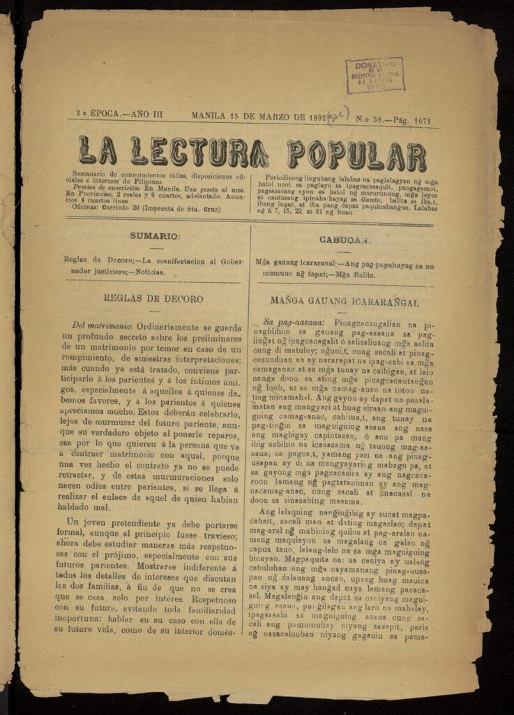 Miniatura de La Lectura Popular del 15 de marzo de 1892 [sic], nº 58