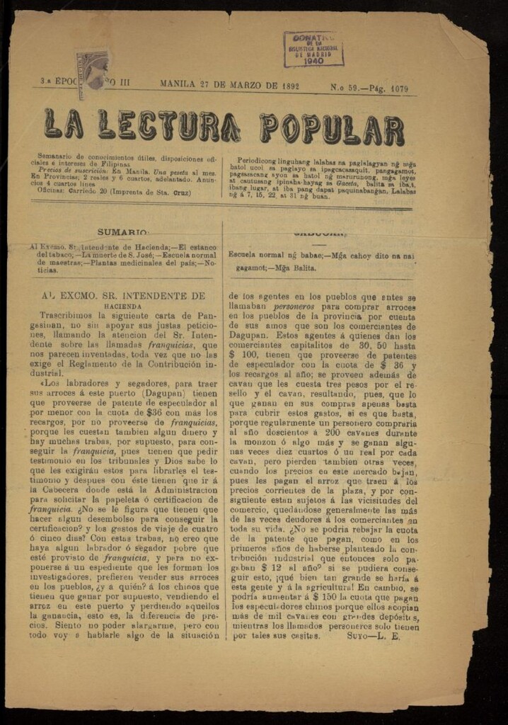 Miniatura de La Lectura Popular del 27 de marzo de 1892, nº 59