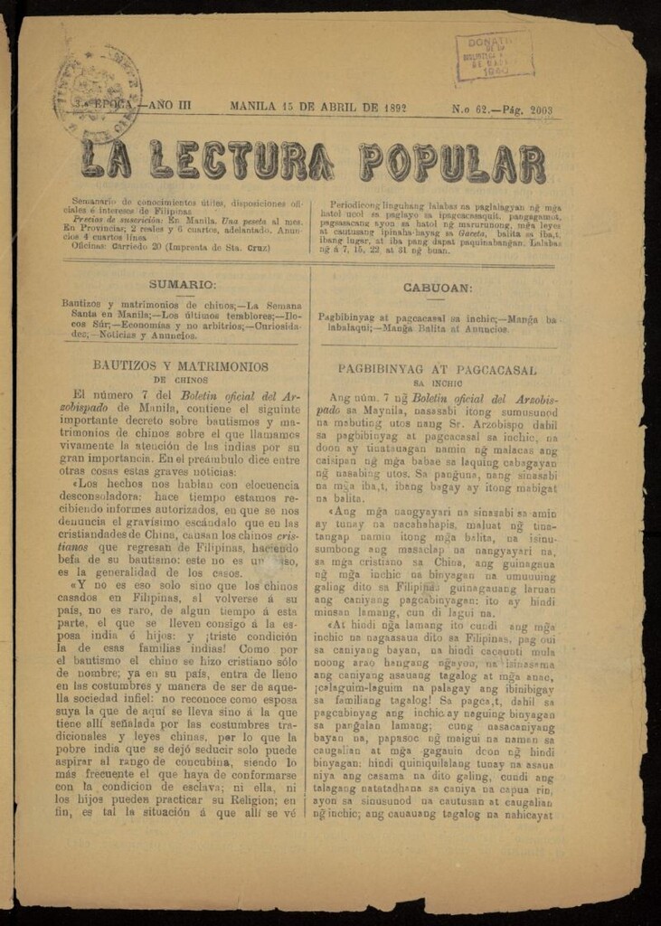 Miniatura de La Lectura Popular del 15 de abril de 1892, nº 62