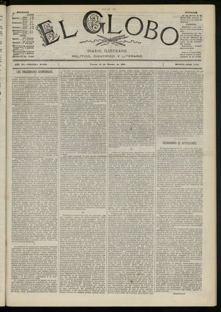 Miniatura de El Globo : diario ilustrado del 19 de febrero de 1886, nº 3766