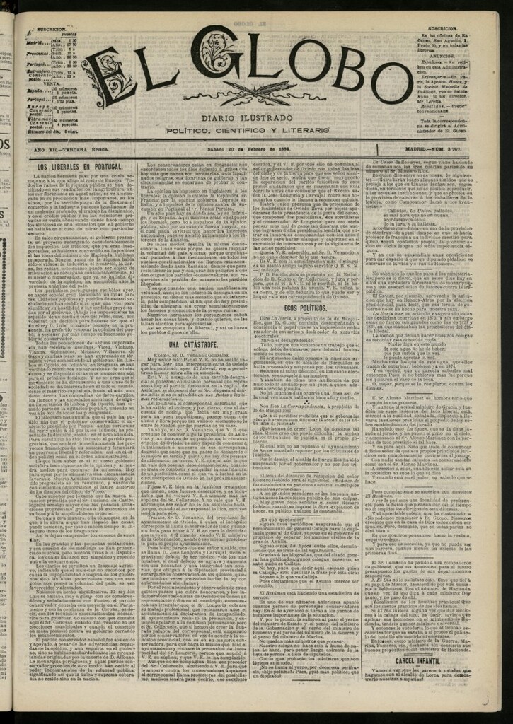 Miniatura de El Globo : diario ilustrado del 20 de febrero de 1886, nº 3767