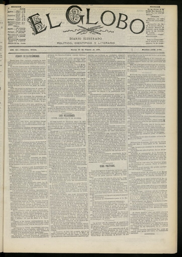 Miniatura de El Globo : diario ilustrado del 23 de febrero de 1886, nº 3770