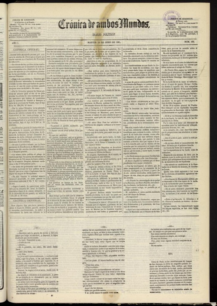 Miniatura de Crónica de ambos Mundos : diario de noticias del 18 de junio de 1861, nº 123