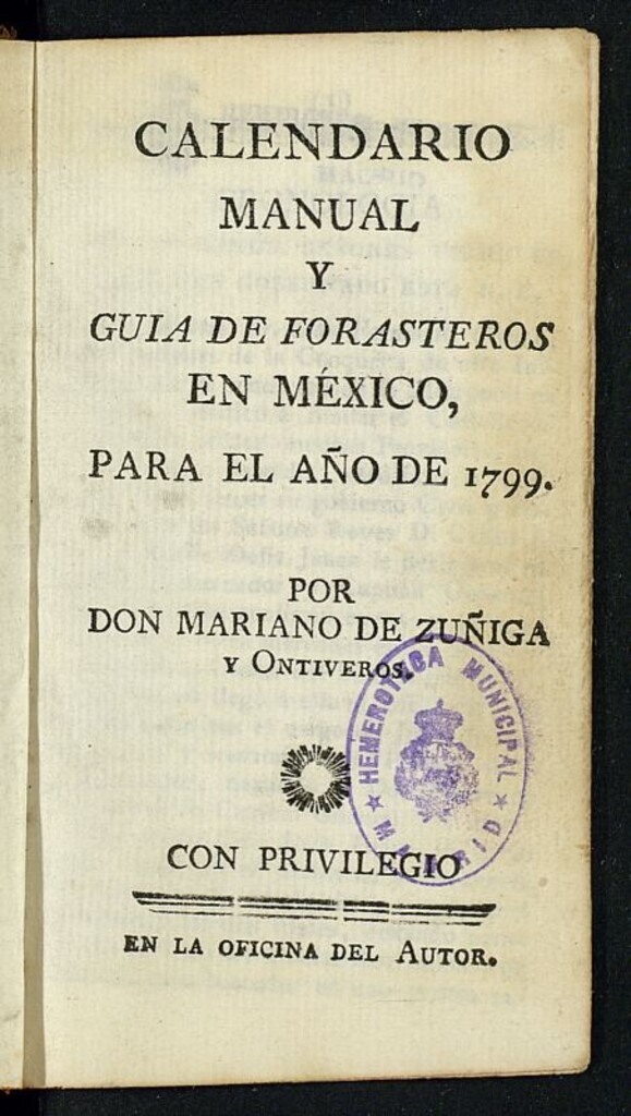 Miniatura de Calendario Manual y Guía de Forasteros en México para el año de 1799