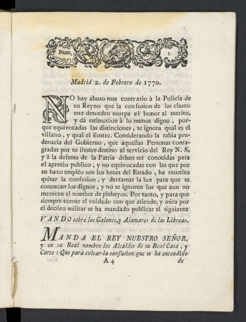 Miniatura de Correo General de España del 2 de febrero de 1770, nº 1