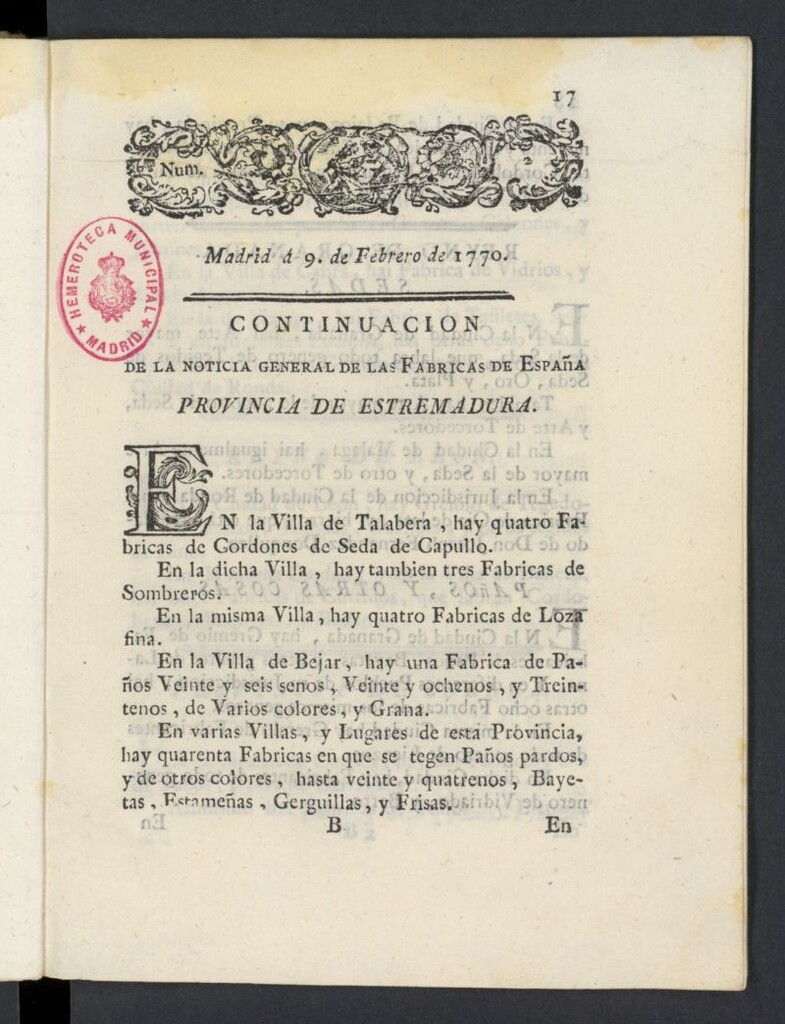 Miniatura de Correo General de España del 9 de febrero de 1770, nº 2