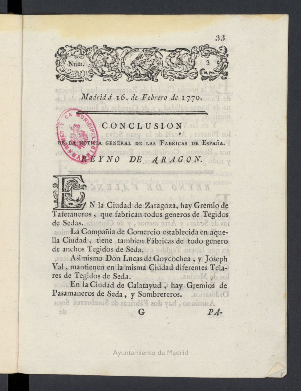 Miniatura de Correo General de España del 16 de febrero de 1770, nº 3