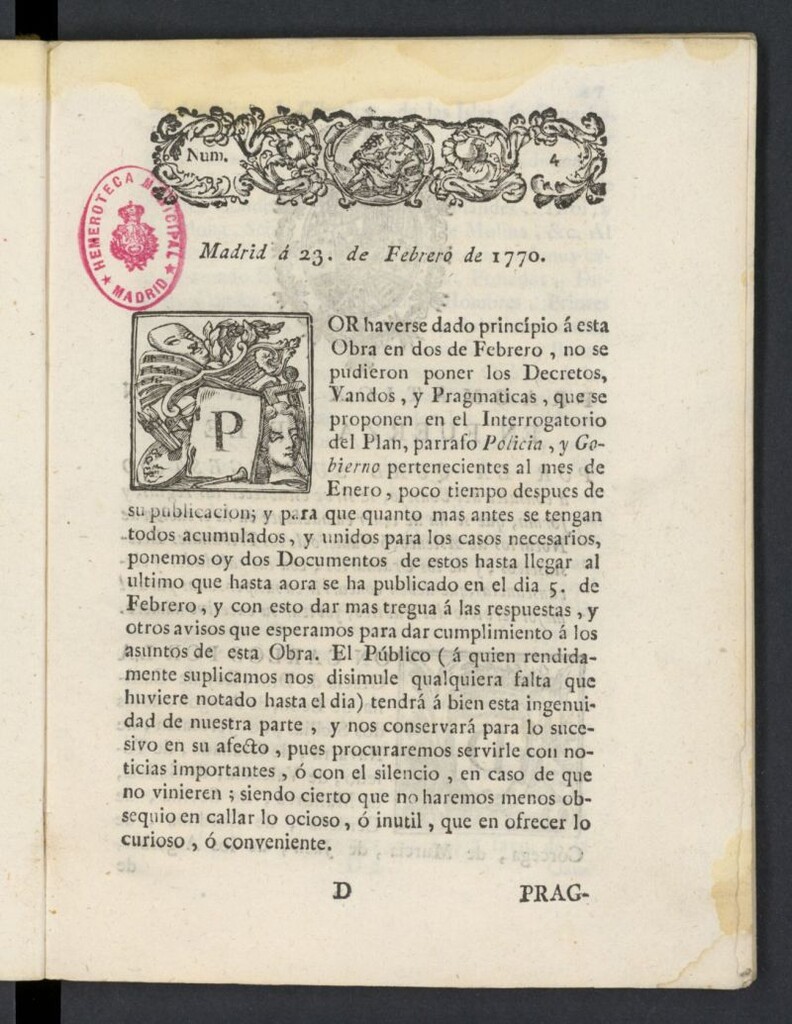 Miniatura de Correo General de España del 23 de febrero de 1770, nº 4
