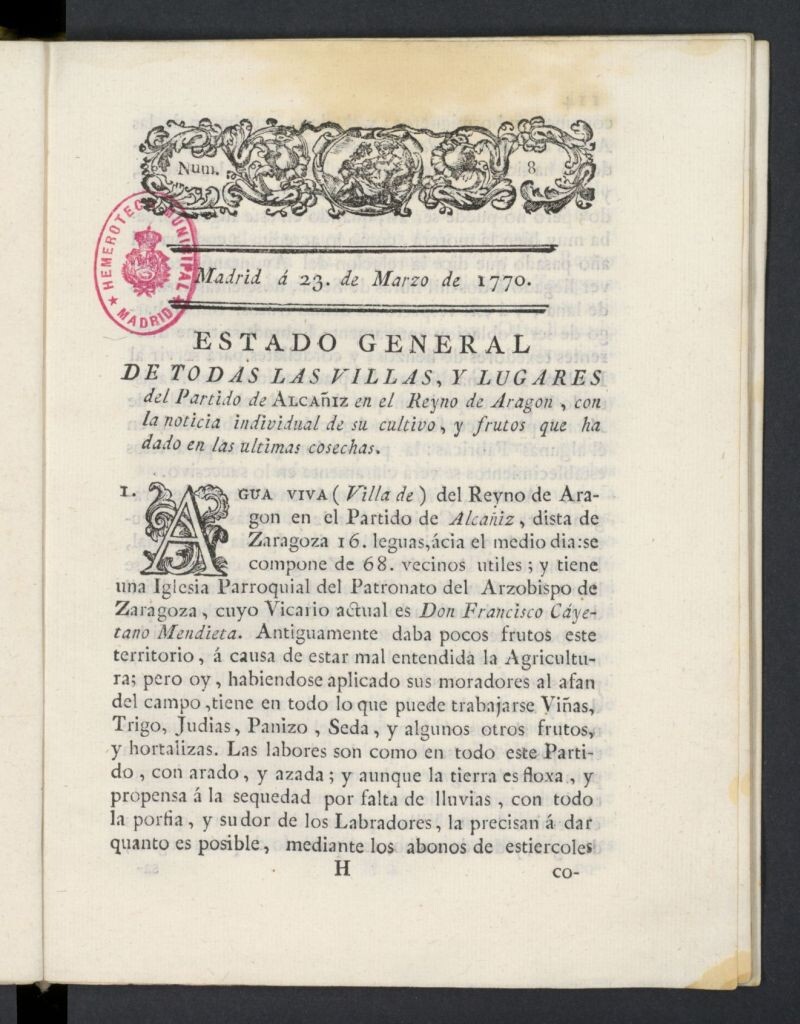 Miniatura de Correo General de España del 23 de marzo de 1770, nº 8