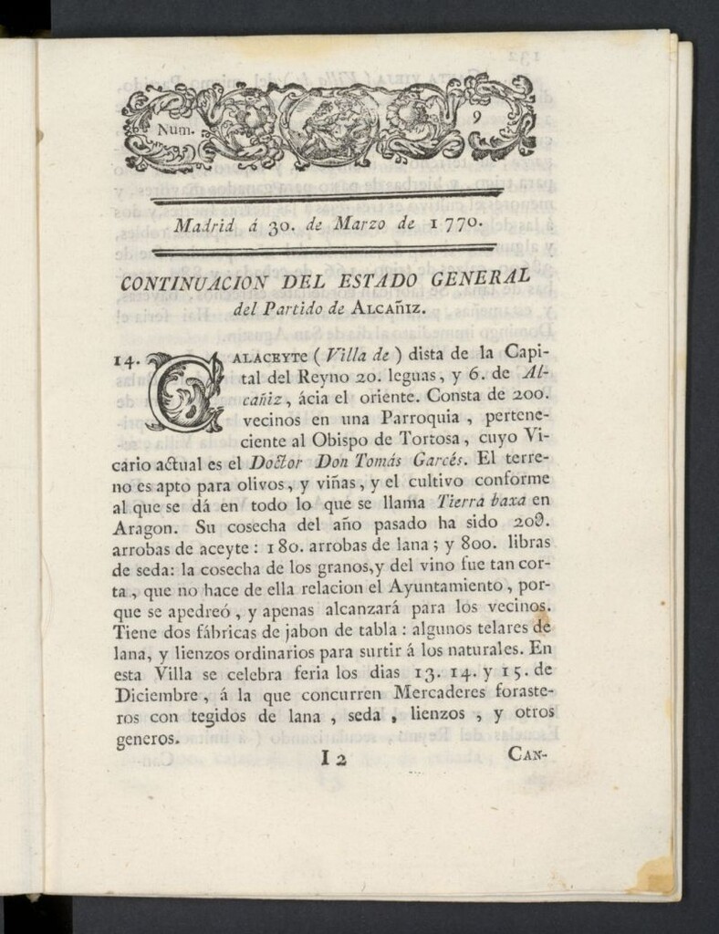 Miniatura de Correo General de España del 30 de marzo de 1770, nº 9
