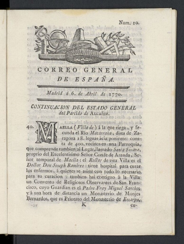 Miniatura de Correo General de España del 6 de abril de 1770, nº 10