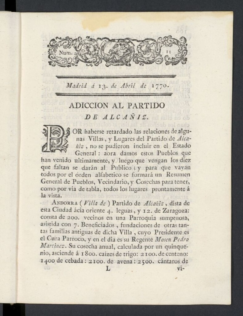 Miniatura de Correo General de España del 13 de abril de 1770, nº 11
