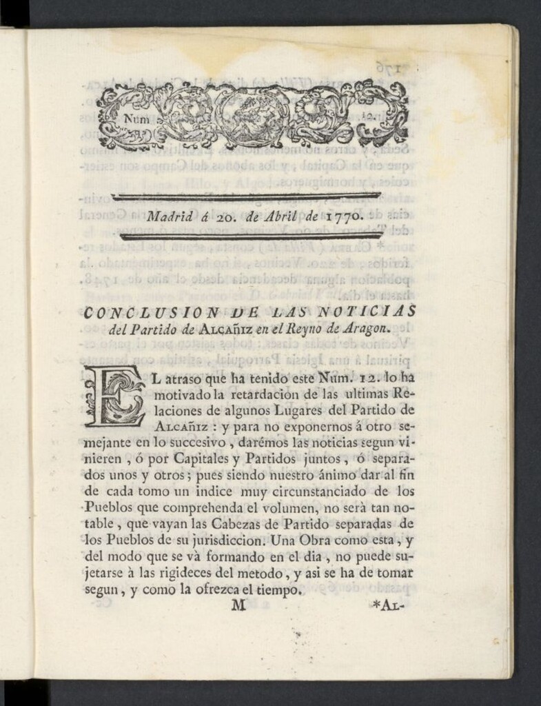 Miniatura de Correo General de España del 20 de abril de 1770, nº 12