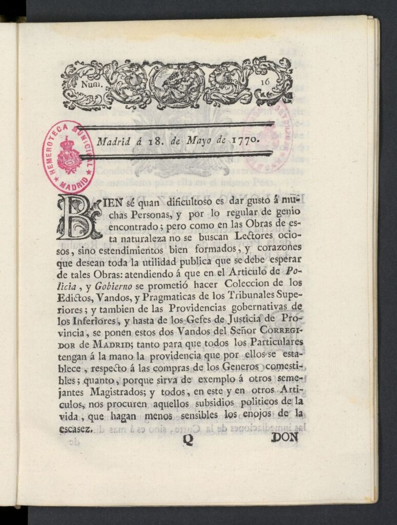 Miniatura de Correo General de España del 18 de mayo de 1770, nº 16