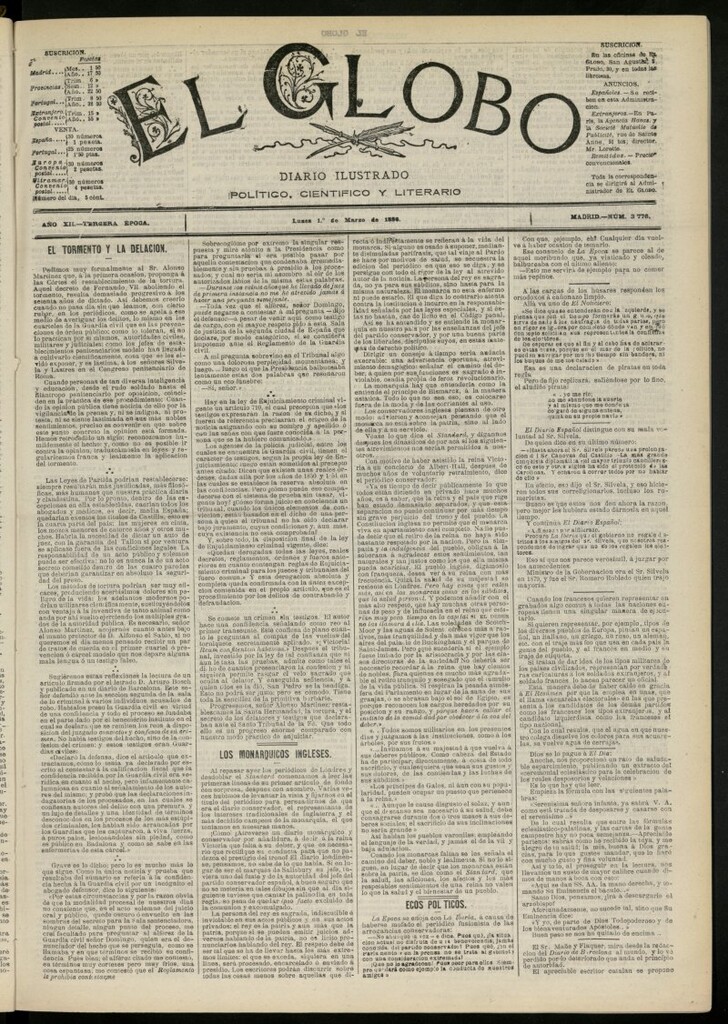 Miniatura de El Globo : diario ilustrado del 1 de marzo de 1886, nº 3776