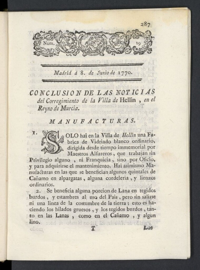 Miniatura de Correo General de España del 8 de junio de 1770, nº 19