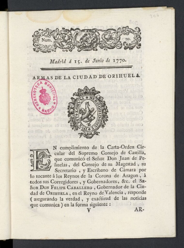 Miniatura de Correo General de España del 15 de junio de 1770, nº 20