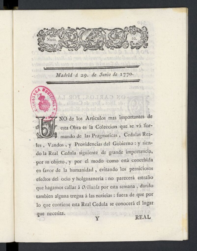 Miniatura de Correo General de España del 29 de junio de 1770, nº 22