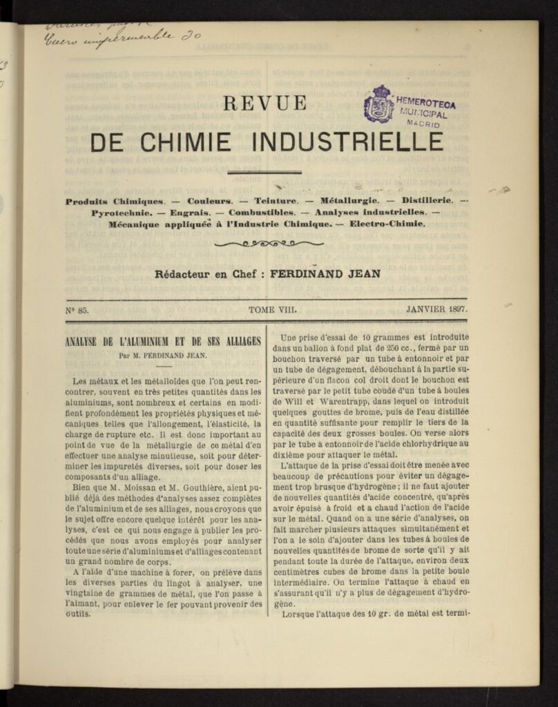 Miniatura de Revue de Chimie Industrielle de enero de 1897, nº 85