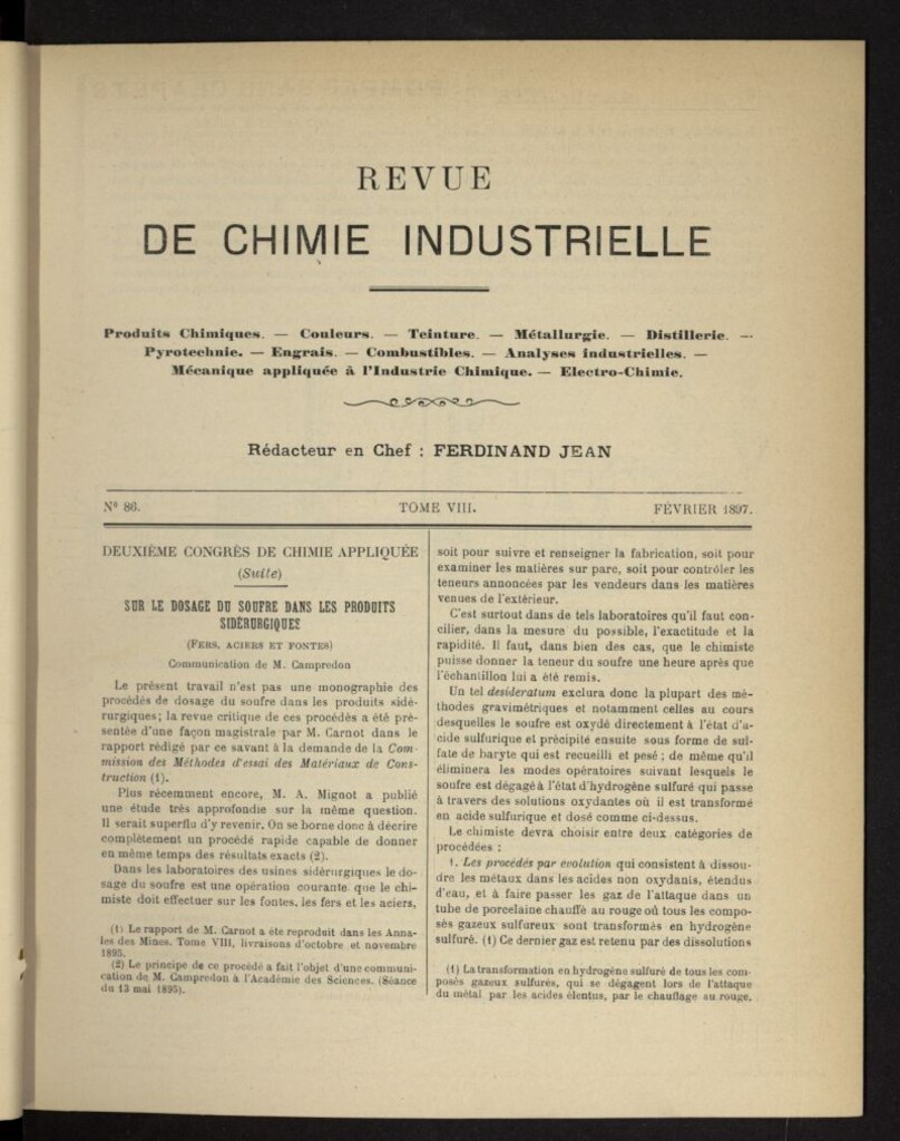 Miniatura de Revue de Chimie Industrielle de febrero de 1897, nº 86