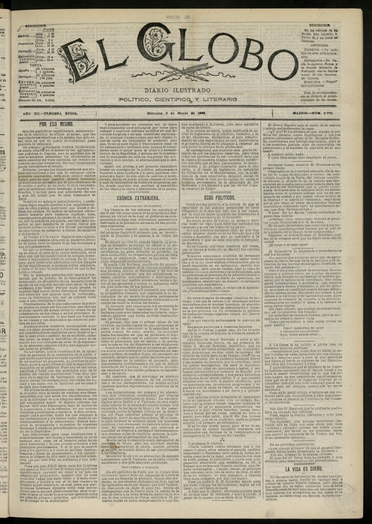 Miniatura de El Globo : diario ilustrado del 3 de marzo de 1886, nº 3778
