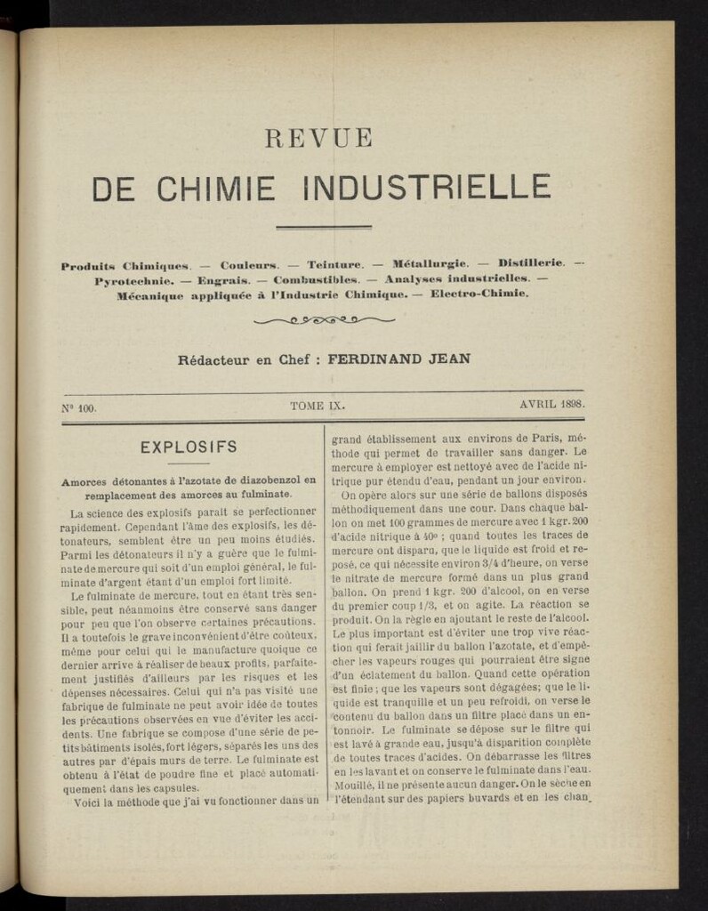 Miniatura de Revue de Chimie Industrielle de abril de 1898, nº 100