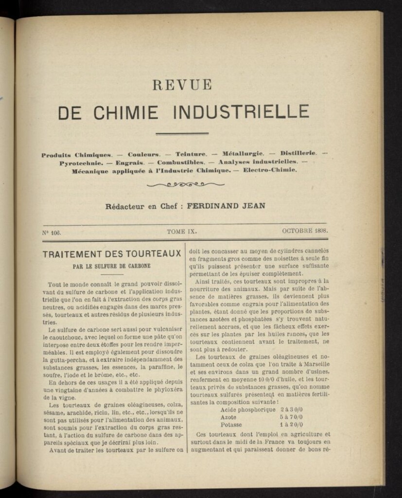 Miniatura de Revue de Chimie Industrielle de octubre de 1898, nº 106