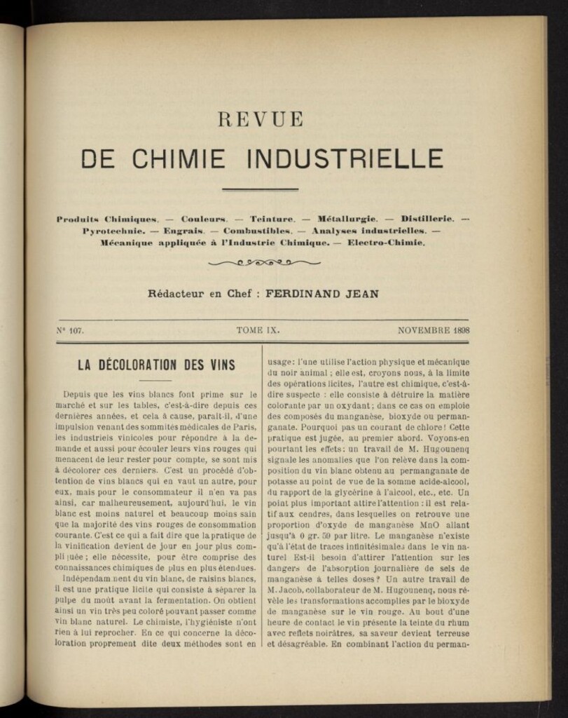 Miniatura de Revue de Chimie Industrielle de noviembre de 1898, nº 107
