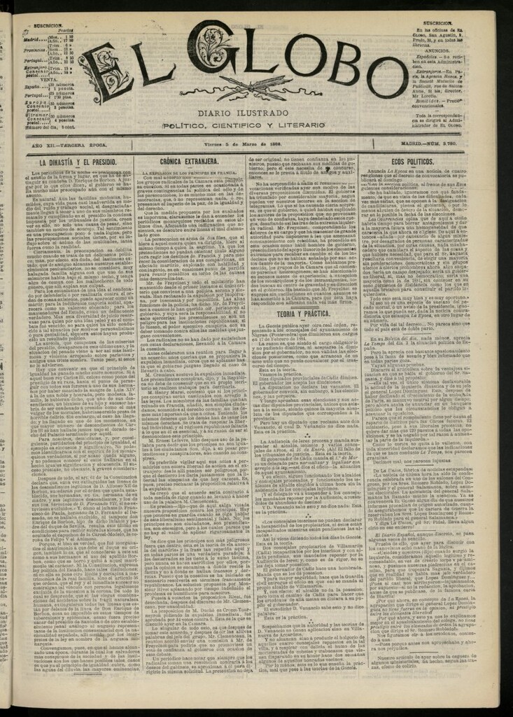 Miniatura de El Globo : diario ilustrado del 5 de marzo de 1886, nº 3780