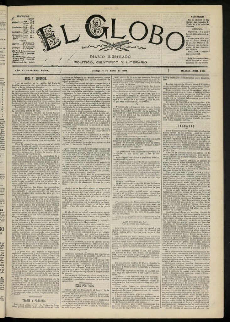 Miniatura de El Globo : diario ilustrado del 7 de marzo de 1886, nº 3782