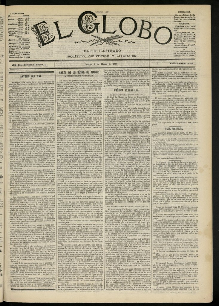 Miniatura de El Globo : diario ilustrado del 9 de marzo de 1886, nº 3784