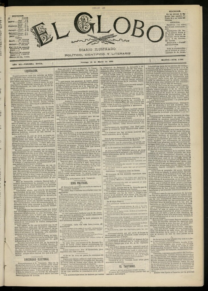 Miniatura de El Globo : diario ilustrado del 14 de marzo de 1886, nº 3789