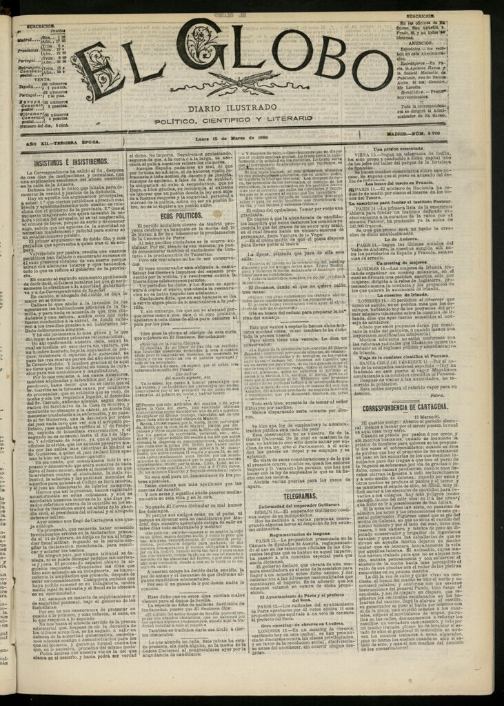 Miniatura de El Globo : diario ilustrado del 15 de marzo de 1886, nº 3790