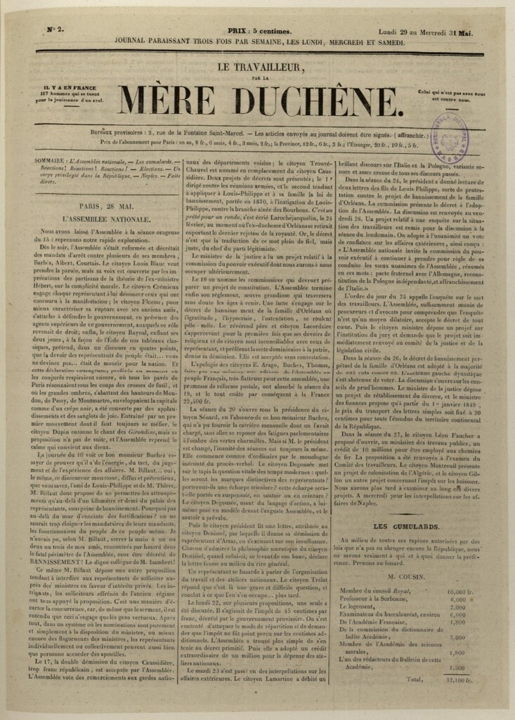 Miniatura de Le Travailleur par la Mére Duchêne del 29 al 31 de mayo de 1848, nº 2