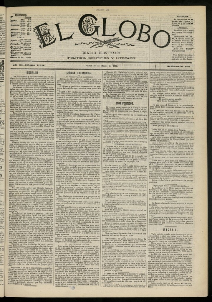 Miniatura de El Globo : diario ilustrado del 18 de marzo de 1886, nº 3793