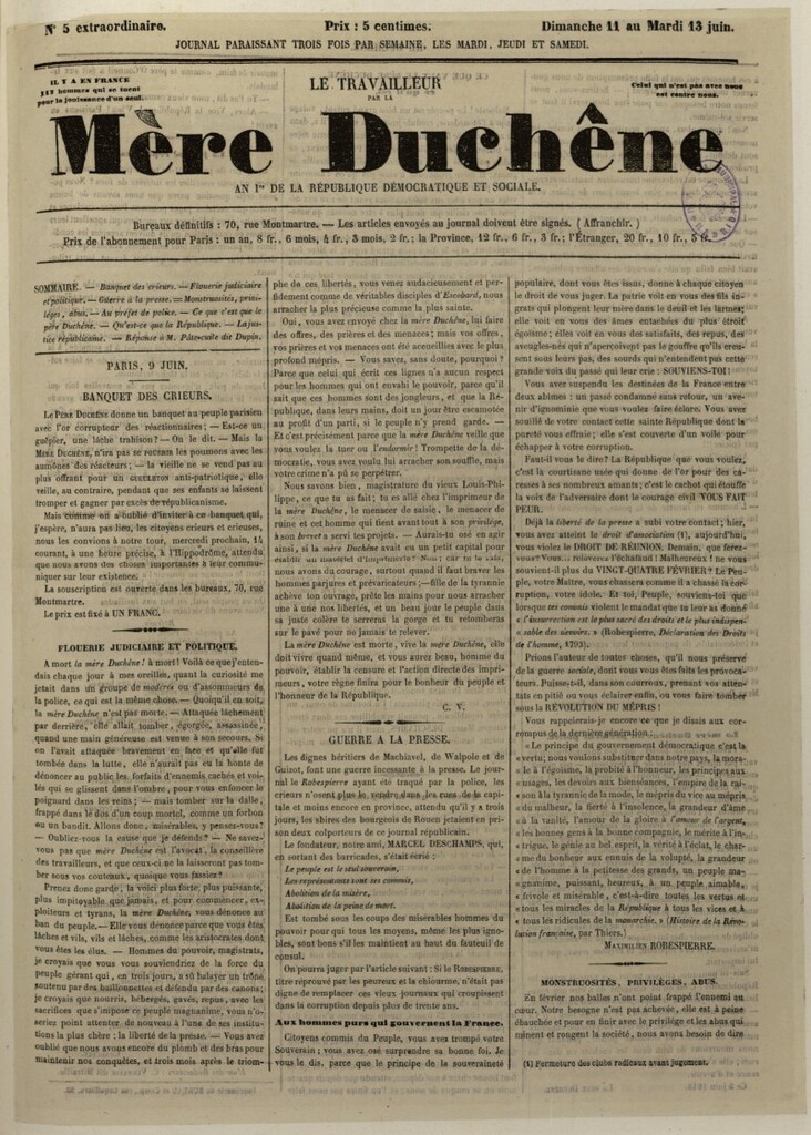 Miniatura de Le Travailleur par la Mére Duchêne del 11 al 13 de junio de 1848, nº 5 extraordinario