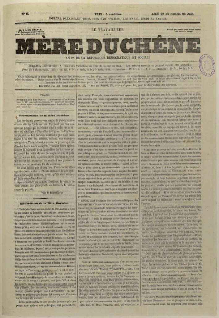 Miniatura de Le Travailleur par la Mére Duchêne del 22 al 24 de junio de 1848, nº 6