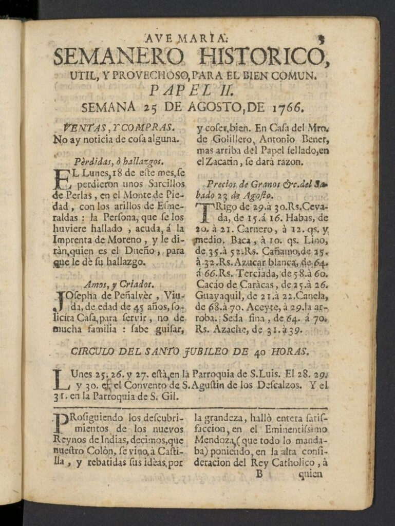 Miniatura de Semanero histórico, útil, y provechoso, para el bien común del 25 de agosto de 1766, nº 2