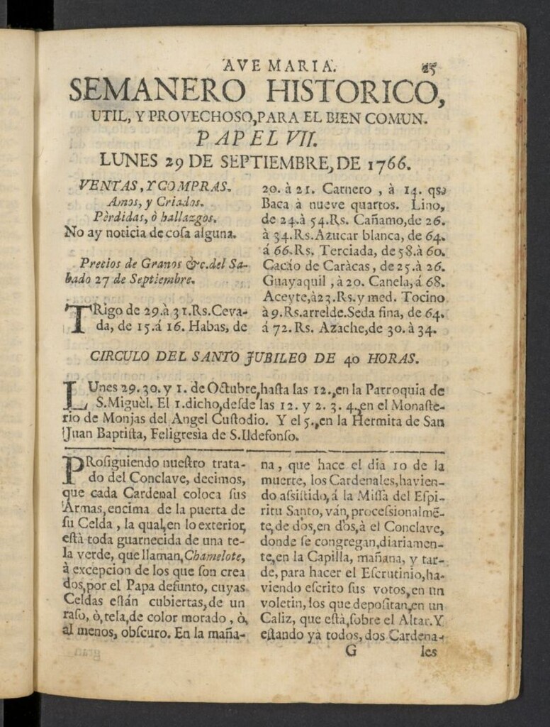 Miniatura de Semanero histórico, útil, y provechoso, para el bien común del 29 de septiembre de 1766, nº 7