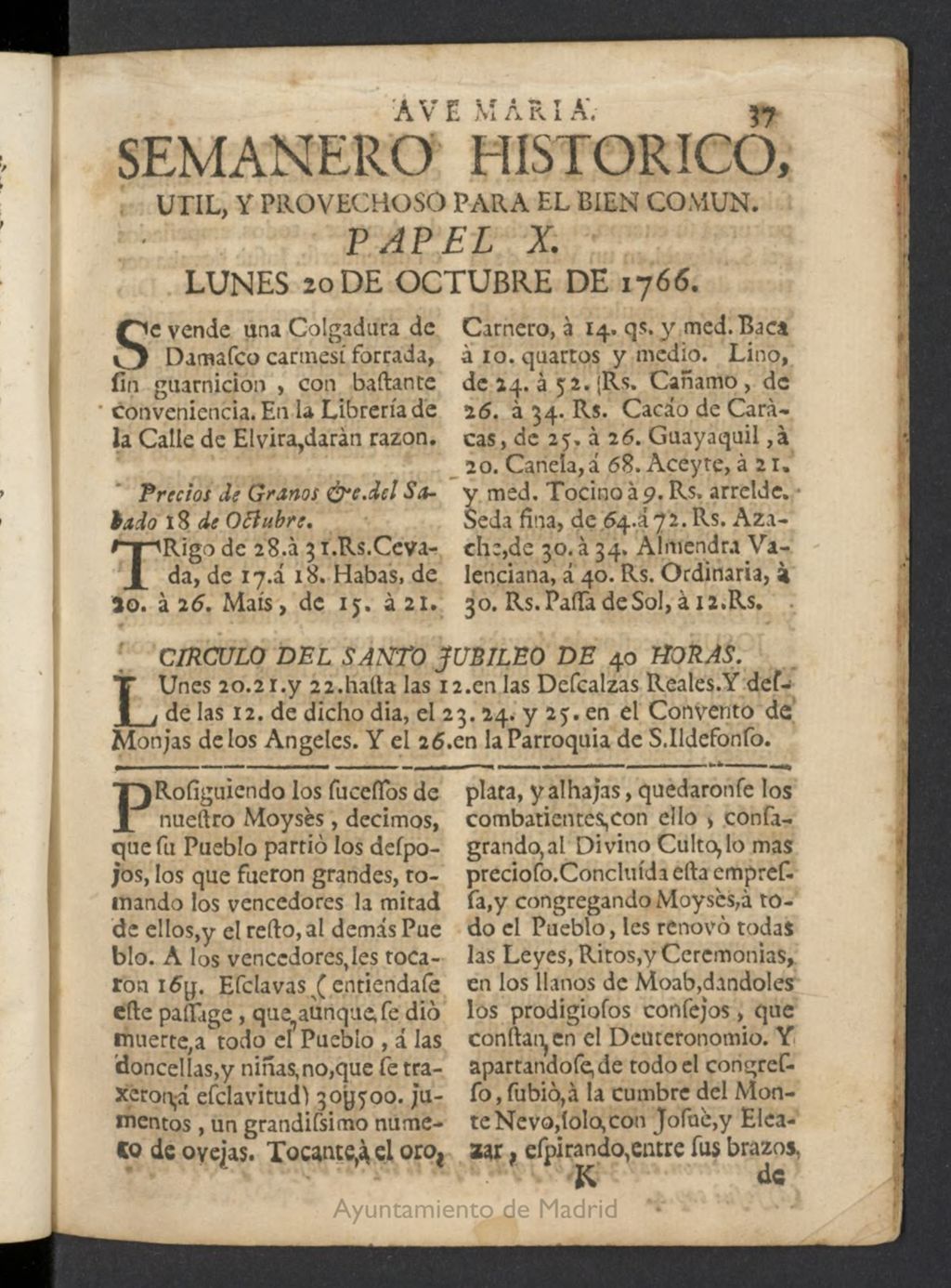 Miniatura de Semanero histórico, útil, y provechoso, para el bien común del 20 de octubre de 1766, nº 10
