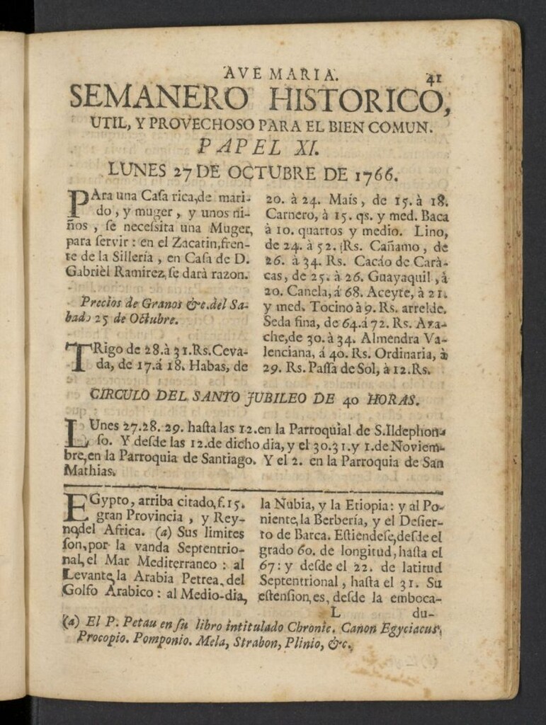 Miniatura de Semanero histórico, útil, y provechoso, para el bien común del 27 de octubre de 1766, nº 11