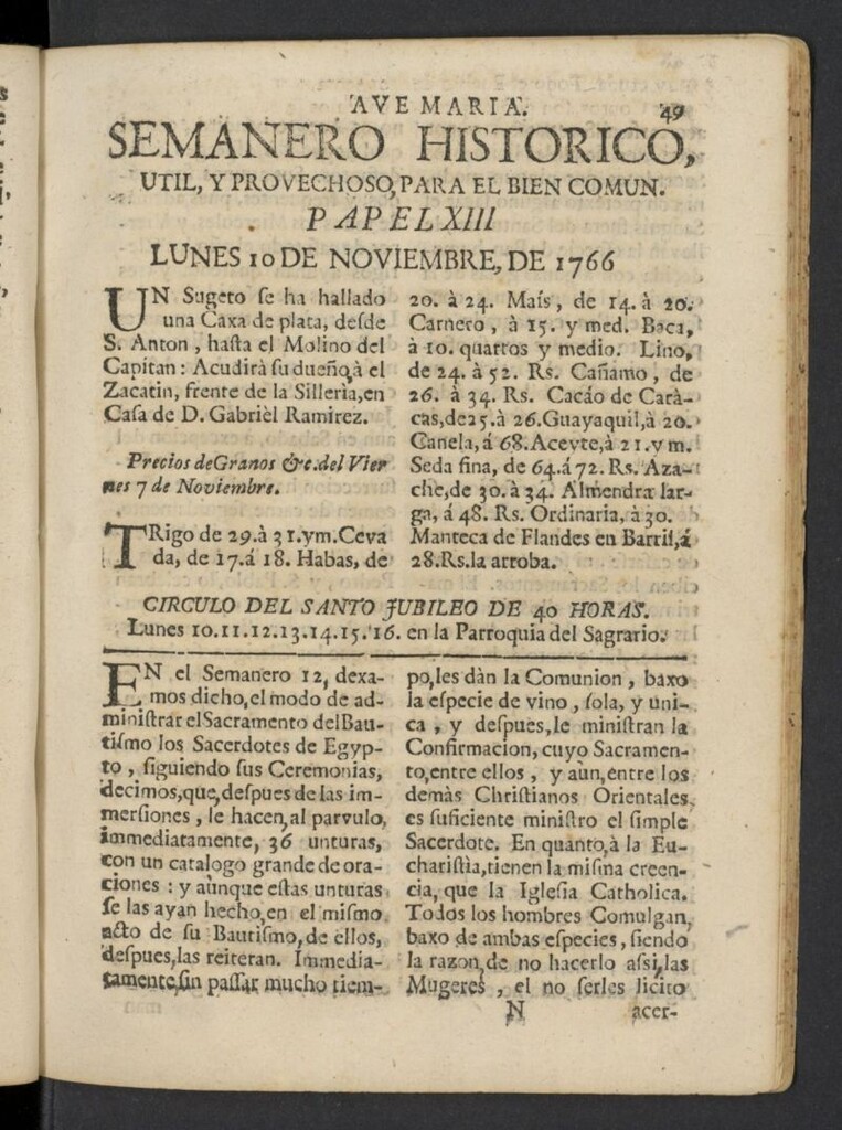 Miniatura de Semanero histórico, útil, y provechoso, para el bien común del 10 de noviembre de 1766, nº 13