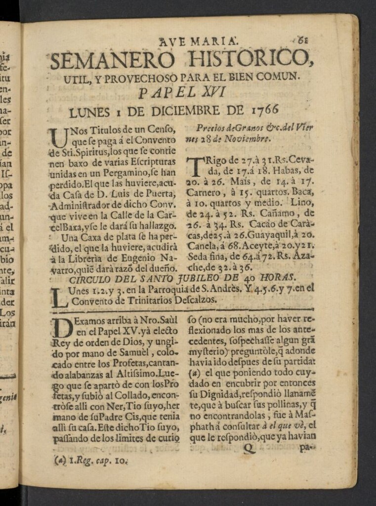 Miniatura de Semanero histórico, útil, y provechoso, para el bien común del 1 de diciembre de 1766, nº 16